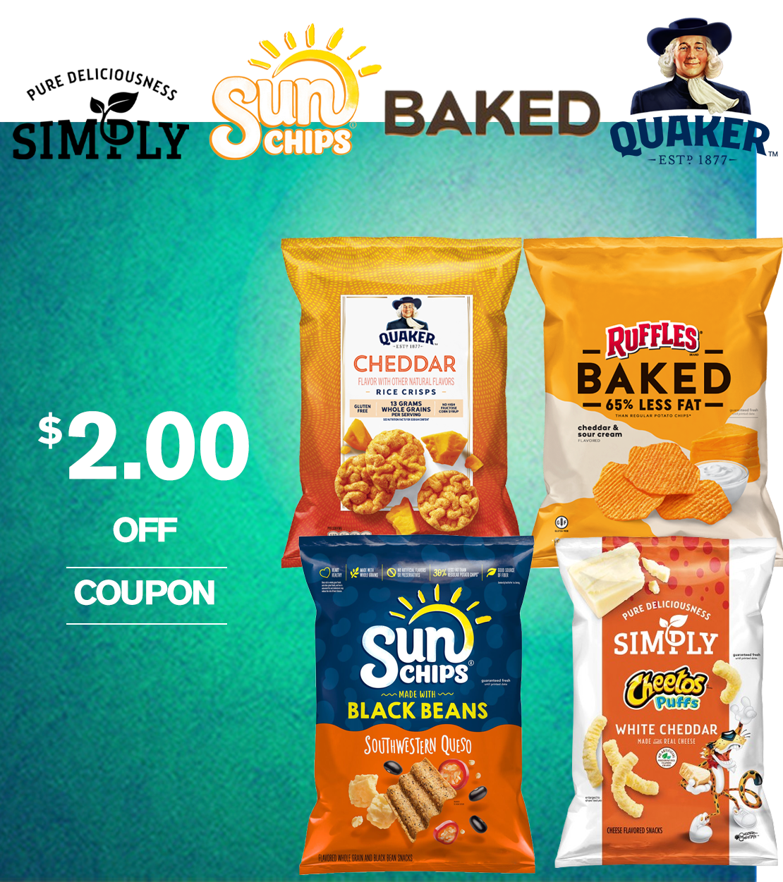 Save $2.00 Quaker, Sunchips, Simply, or Baked