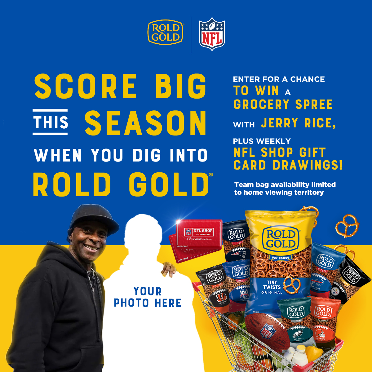 Enter for a chance to win a grocery spree with Jerry Rice, plus weekly NFLShop.com e-gift card drawings.