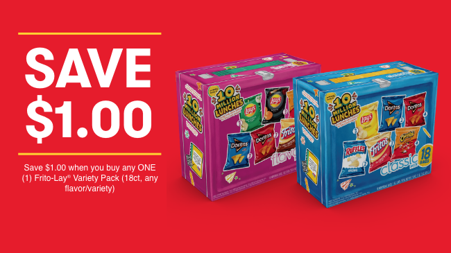 Save $1.00 when you buy any ONE (1) Frito-Lay® Variety Pack (18ct, any flavor/variety)